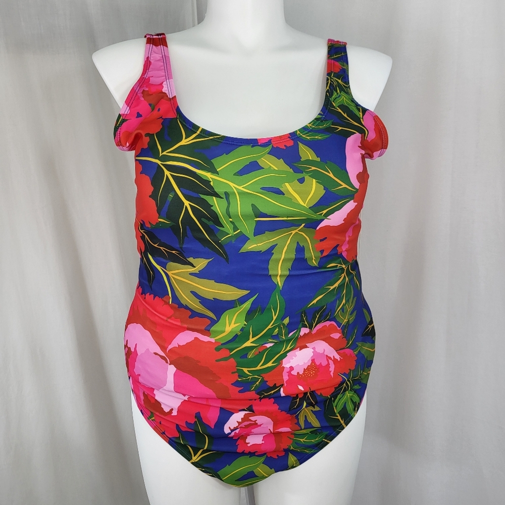 Nicole Miller Studio 1 Pc SWIMSUIT Womens Size 3X Floral Blue Red Scoop Back NWT